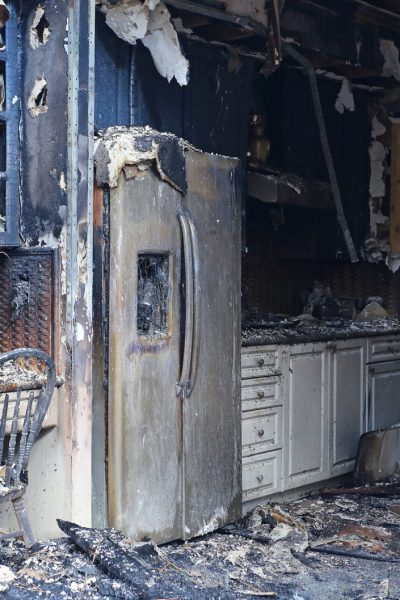 The interior of a house has been fully destroyed by a fire.
